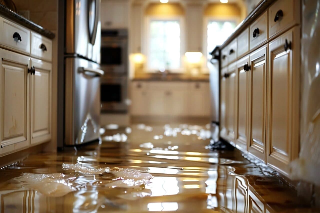 Close-up shot of flooded kitchen floor with visible water damage and appliances like refrigerator, dishwasher, and oven.